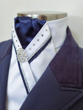 Load image into Gallery viewer, SOPHIE Stock tie - White &amp; navy with silver &amp; navy piping, crystals and silver brooch

