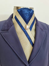 Load image into Gallery viewer, ERA TAYLA STOCK TIE - New gold brocade with navy brocade centre &amp; trim, and pearl brooch

