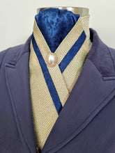Load image into Gallery viewer, ERA TAYLA STOCK TIE - New gold brocade with navy brocade centre &amp; trim, and pearl brooch
