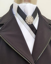 Load image into Gallery viewer, ERA ZARA STOCK TIE - White satin with silver and black trim with silver brooch
