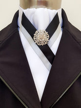 Load image into Gallery viewer, ERA ZARA STOCK TIE - White satin with silver and black trim with silver brooch
