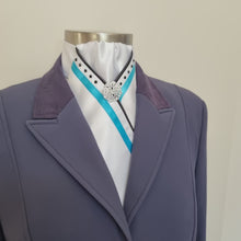 Load and play video in Gallery viewer, ERA SOPHIE STOCK TIE - White Satin with Black satin piping, turquoise trim, black crystals &amp; silver brooch
