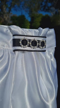 Load and play video in Gallery viewer, ERA EURO REGAL STOCK TIE - White satin with black piping, black grosgrain trim &amp; pearl &amp; crystal rings
