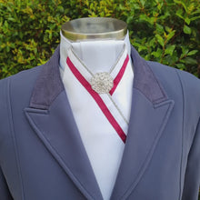 Load and play video in Gallery viewer, ERA ALEX STOCK TIE - White with pleated centre, silver piping and burgundy trim &amp; brooch

