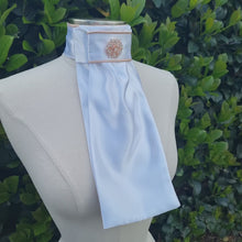 Load and play video in Gallery viewer, ERA Euro Lyndal Stock Tie - White satin with Rose Gold piping and Rose Gold brooch

