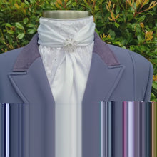 Load and play video in Gallery viewer, ERA Elle Pre-tied Stock Tie Plastron - White Satin Soft Ties Full Body Flock Georgette &amp; Brooch
