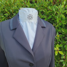 Load and play video in Gallery viewer, ERA EURO LYNDAL COTTON STOCK TIE - White 100% cotton with black piping &amp; black and clear crystals
