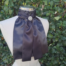 Load and play video in Gallery viewer, ERA Elle Stock Tie - Black Satin with Soft Ties and Black Sequined insert and Brooch
