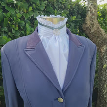 Load and play video in Gallery viewer, ERA EURO BELLE Stock Tie - White satin with Sage green trim, lace frill and brooch
