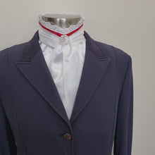 Load and play video in Gallery viewer, EURO BELLE STOCK TIE - White lustre satin with Red ribbon &amp; lace trim and brooch
