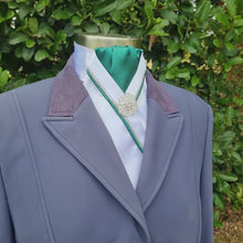 Load and play video in Gallery viewer, ERA RACHAEL STOCK TIE - White satin, Forest green, green &amp; metallic silver piping &amp; brooch
