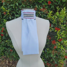Load and play video in Gallery viewer, ERA Euro Lyndal Regal Stock tie - White Satin with burgundy, black piping and Crystal &amp; Navy Trim
