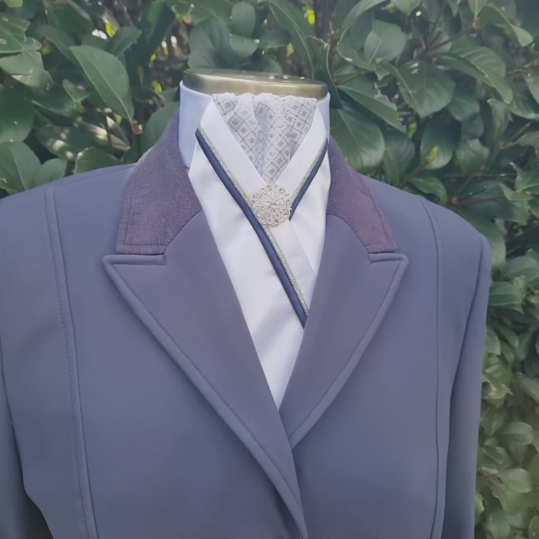 ERA RACHAEL STOCK TIE - White satin, silver diamond brocade, navy & silver piping & brooch