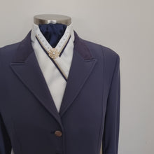 Load and play video in Gallery viewer, ERA SOPHIE STOCK TIE - Cream and navy satin with navy and gold piping, crystals &amp; brooch
