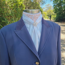 Load and play video in Gallery viewer, ERA Elle Pre-tied White Satin Stock Tie Plastron - Dusky Rose Lace &amp; Brooch - 3 options
