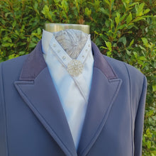 Load and play video in Gallery viewer, SOPHIE STOCK TIE - White Lustre Satin with silver lace brocade, silver satin piping, crystals &amp; silver brooch
