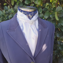 Load and play video in Gallery viewer, ERA Elle Stock Tie - Soft Ties with navy &amp; gold brocade &amp; brooch
