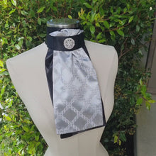 Load and play video in Gallery viewer, ERA Euro Lyndal Stock Tie - Black satin and silver embroidered satin with brooch

