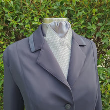 Load and play video in Gallery viewer, ERA Designer Collection Pre-tied Stock Tie - Silver diamond brocade with dark grey centre, silver metallic piping &amp; silver brooch
