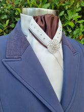 Load image into Gallery viewer, ERA SOPHIE STOCKTIE - Cream &amp; brown with silver metallic &amp; brown V piping, Swarovski crystals and silver brooch
