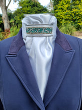 Load image into Gallery viewer, ERA Euro Lyndal Regal Stock Tie - White Satin with silver piping and Mint green crystal trim
