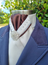 Load image into Gallery viewer, ERA SOPHIE STOCKTIE - Cream &amp; brown with silver metallic &amp; brown V piping, Swarovski crystals and silver brooch

