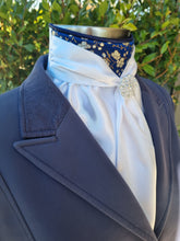Load image into Gallery viewer, ERA Elle Stock Tie - Soft Ties with navy &amp; gold brocade &amp; brooch
