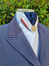 Load image into Gallery viewer, ERA SOPHIE/Siena STOCKTIE - White &amp; navy with red, gold &amp; navy "V" piping, gold tone crystals and gold brooch
