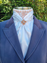 Load image into Gallery viewer, ERA Elle Pre-tied White Satin Stock Tie Plastron - Dusky Rose Lace &amp; Brooch - 3 options

