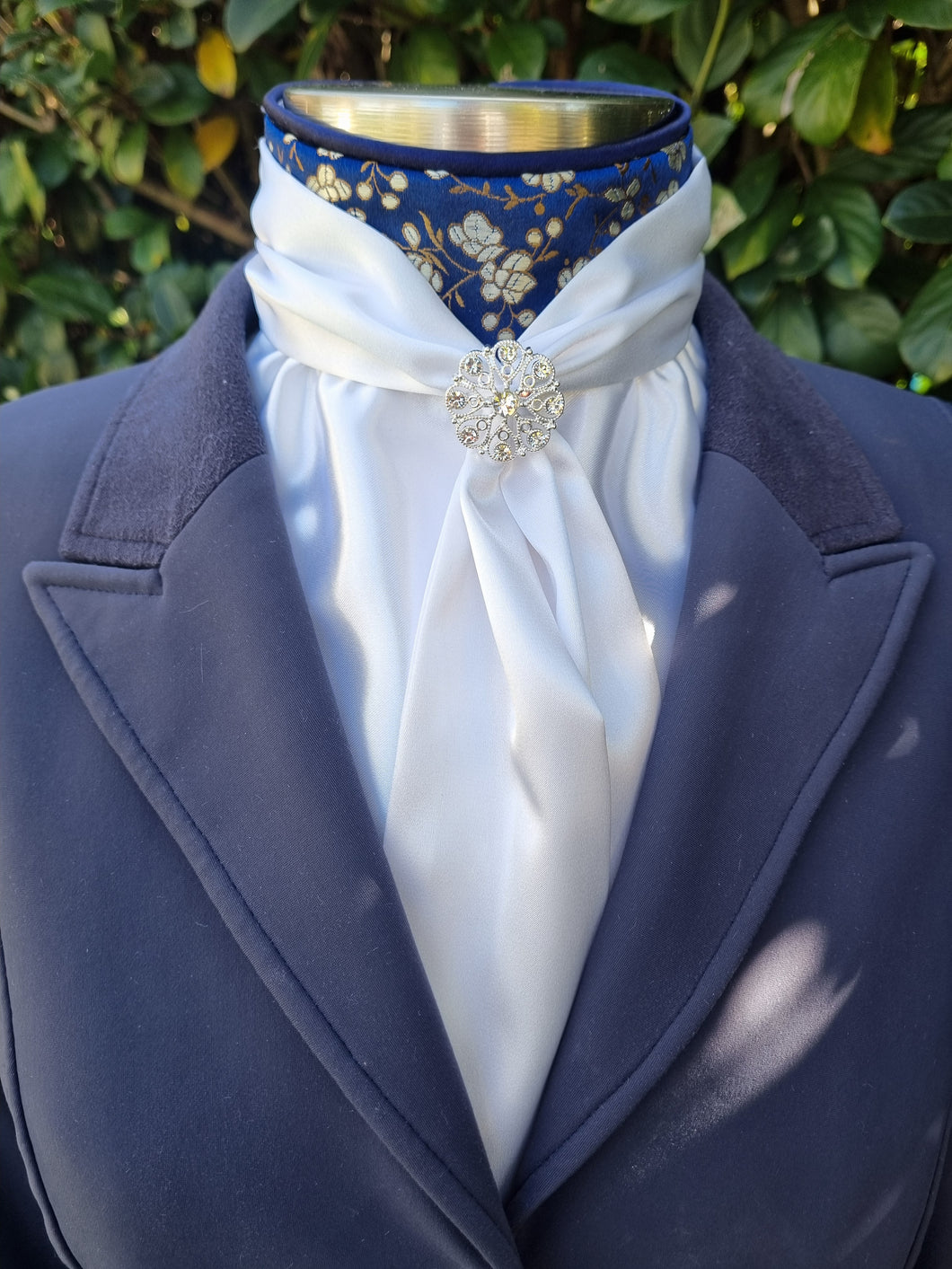 ERA Elle Stock Tie - Soft Ties with navy & gold brocade & brooch