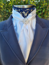 Load image into Gallery viewer, ERA Elle Stock Tie - Soft Ties with navy &amp; gold brocade &amp; brooch
