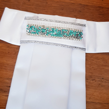 Load image into Gallery viewer, ERA EURO KARA STOCK TIE - White satin, silver piping with crystal trim - 5 colours - crystal/pearl, mint, black, blue, gold
