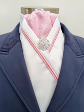 Load image into Gallery viewer, ERA RACHAEL STOCK TIE - White satin with pink jacquard, 2 x pink piping and  silver brooch
