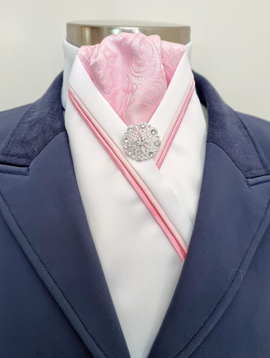 ERA RACHAEL STOCK TIE - White satin with pink jacquard, 2 x pink piping and  silver brooch