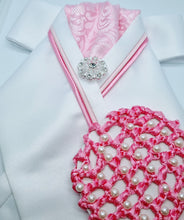 Load image into Gallery viewer, ERA RACHAEL STOCK TIE - White satin with pink jacquard, 2 x pink piping and  silver brooch
