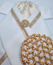 Load image into Gallery viewer, ERA RACHAEL STOCK TIE - White satin with gold metallic spot brocade, trim, piping and brooch
