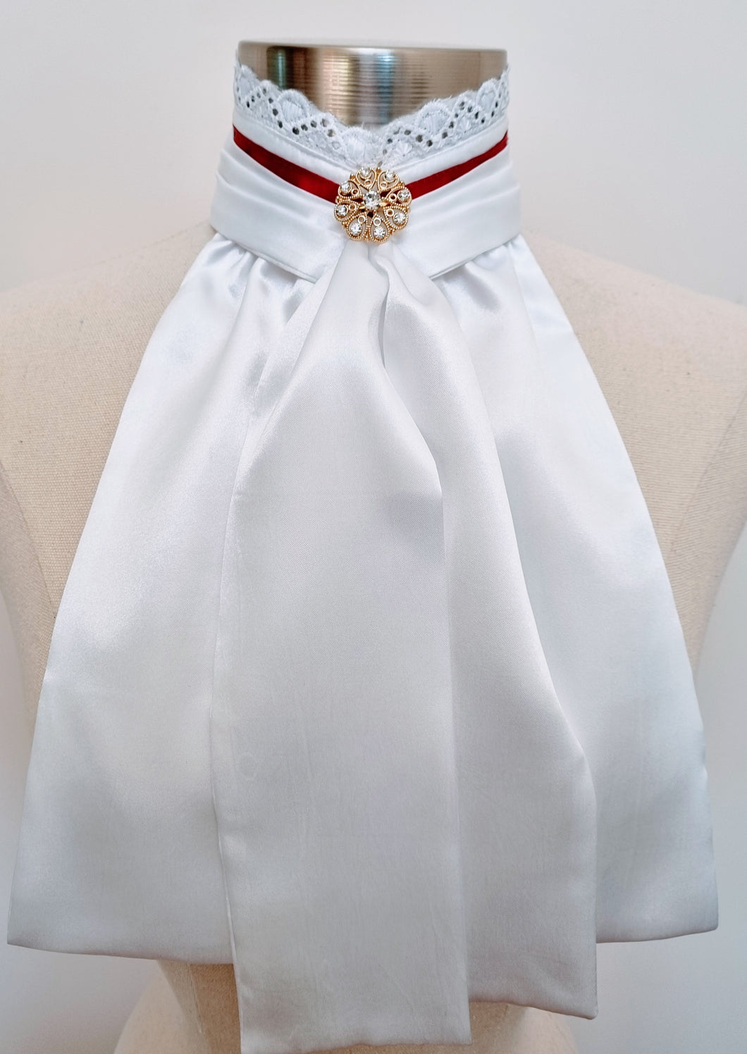 ERA EURO BELLE STOCK TIE - White lustre satin with lace frill and brooch - Coloured trim - burgundy, navy, royal blue, Black