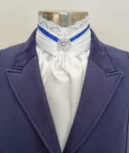 Load image into Gallery viewer, ERA EURO BELLE STOCK TIE - White lustre satin with lace frill and brooch - Coloured trim - burgundy, navy, royal blue, Black
