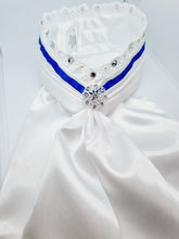 Load image into Gallery viewer, ERA EURO BELLE with PEARLS &amp; CRYSTALS Stock Tie - White lustre satin with Royal blue trim, lace frill, pearl &amp; crystal trim and brooch

