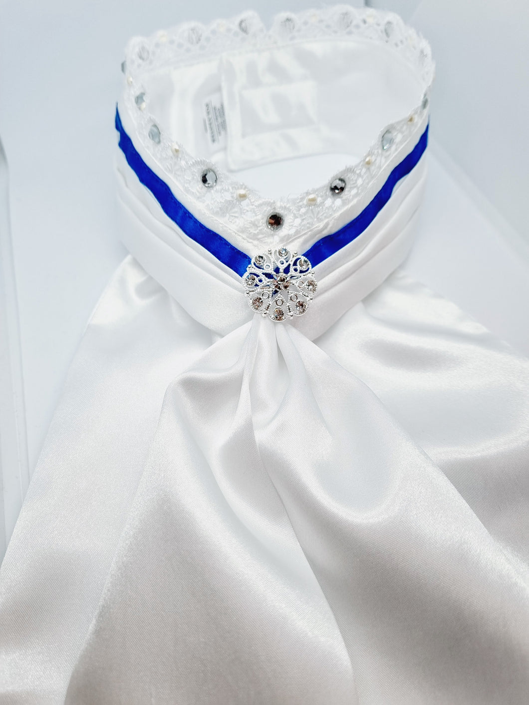 ERA EURO BELLE with PEARLS & CRYSTALS Stock Tie - White lustre satin with Royal blue trim, lace frill, pearl & crystal trim and brooch