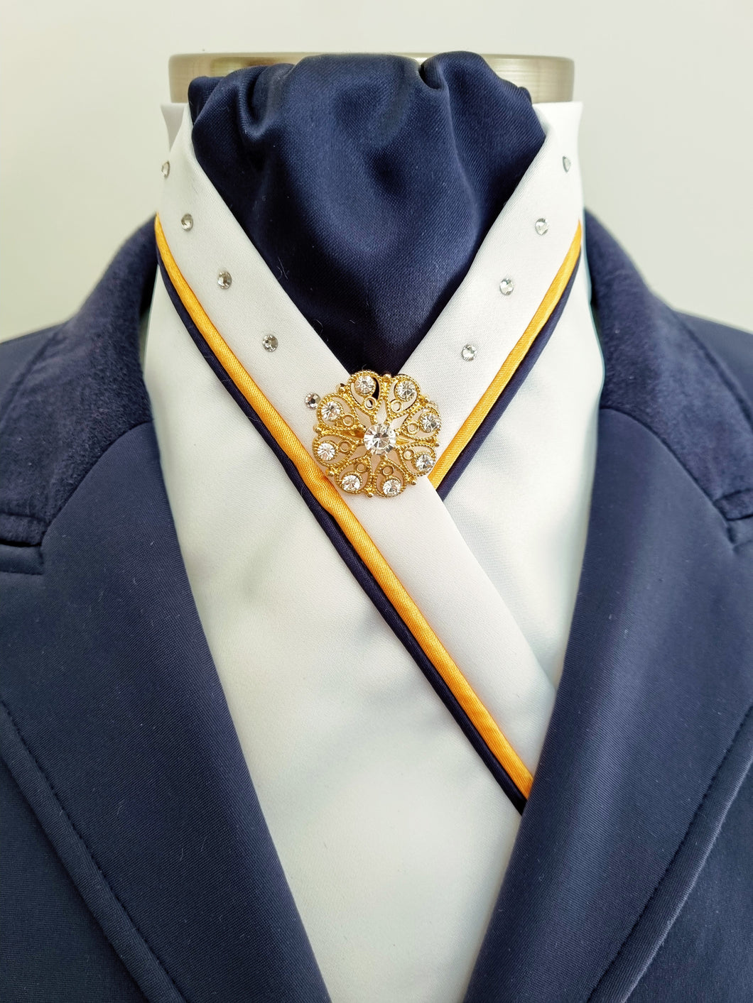ERA SOPHIE STOCKTIE - White & navy with yellow & navy piping, Swarovski crystals and brooch