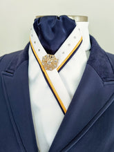 Load image into Gallery viewer, ERA SOPHIE STOCKTIE - White &amp; navy with yellow &amp; navy piping, Swarovski crystals and brooch
