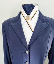 Load image into Gallery viewer, ERA SOPHIE STOCKTIE - White &amp; navy with yellow &amp; navy piping, Swarovski crystals and brooch
