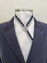 Load image into Gallery viewer, ERA ELLIE STOCK TIE - White satin with navy &amp; lace trim and brooch
