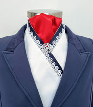 Load image into Gallery viewer, ERA ELLIE STOCK TIE - White &amp; red satin with navy &amp; lace trim and brooch
