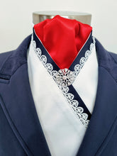 Load image into Gallery viewer, ERA ELLIE STOCK TIE - White &amp; red satin with navy &amp; lace trim and brooch
