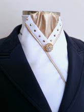 Load image into Gallery viewer, ERA SOPHIE STOCK TIE - White &amp; metallic Rose gold with matching piping, Rose gold crystals &amp; brooch
