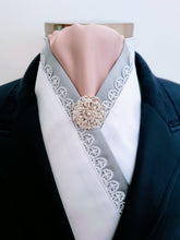 Load image into Gallery viewer, ERA ELLIE STOCK TIE - White &amp; pale pink satin with grey &amp; lace trim and brooch
