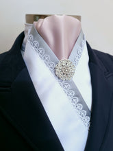 Load image into Gallery viewer, ERA ELLIE STOCK TIE - White &amp; pale pink satin with grey &amp; lace trim and brooch
