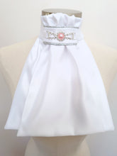 Load image into Gallery viewer, ERA EURO REGAL ISABEL STOCK TIE - White satin, silver piping, pink pearl embellishment
